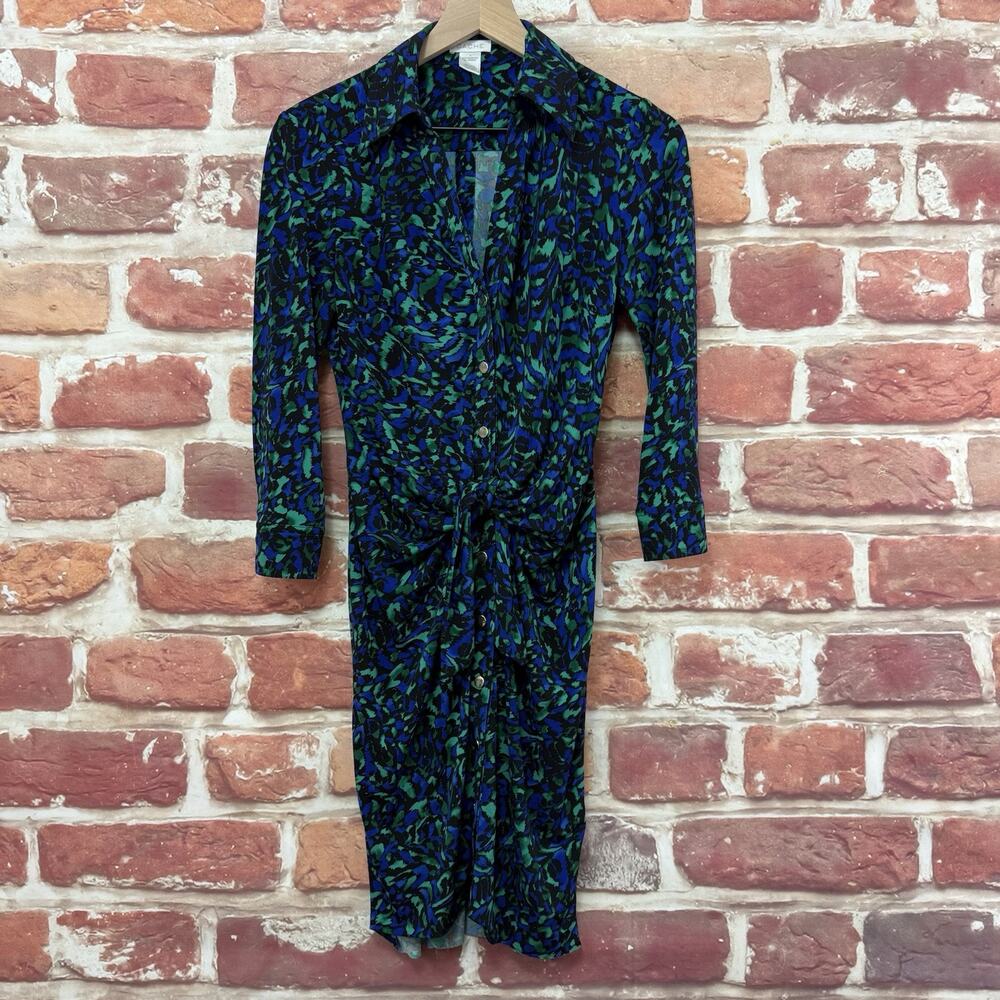 Vintage Cache Dress Women's S Blue Multicolor Abstract Career Casual Button Up